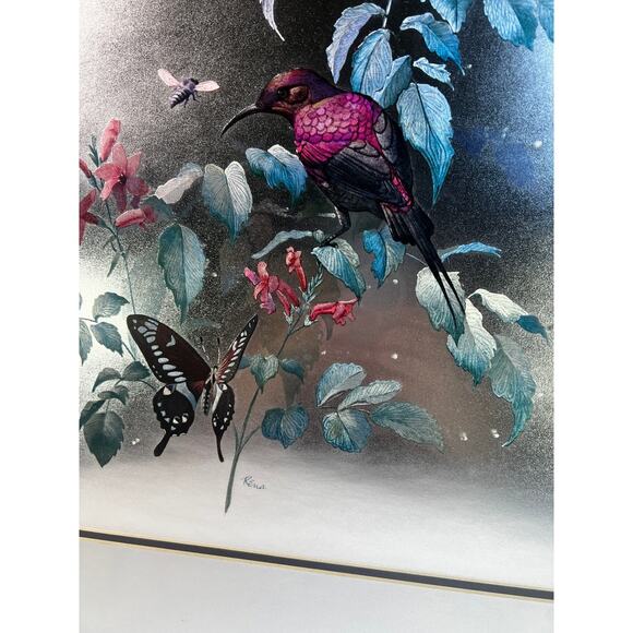 Large Foil Art Framed Vintage MCM Siver Nature Birds Butterfly Rena Hand Etched - Picture 5 of 16
